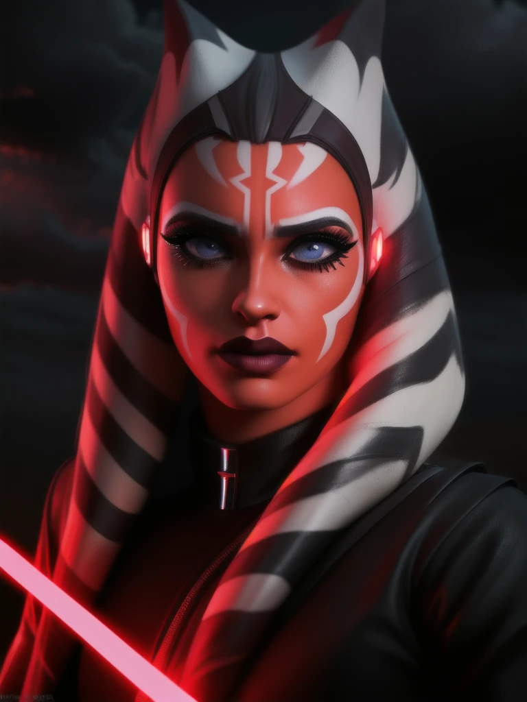 a highly detailed and realistic portrait of Ahsoka Tano, a female Togruta with beautiful detailed eyes, beautiful detailed lips, extremely detailed face, long eyelashes, holding a red lightsaber, dark side version, ambient lighting, cinematic composition, dramatic lighting, moody and atmospheric, photorealistic, 8k, intricate details, hyperrealistic, masterpiece
