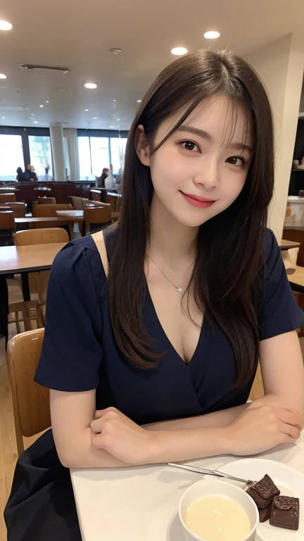 Tabletop, Highest quality, figure, Super detailed, In detail, High resolution, 8k wallpaper, Perfect dynamic composition, 1 beautiful girl, Beautiful attention to detail, Girly blouse, Medium Hair, Normal chest, Natural color lip, Random Pause, smile, Open your mouth:0.8, Stylish cafe, 20-year-old girl, sit, On the table is a chocolate parfait in a tall glass.,