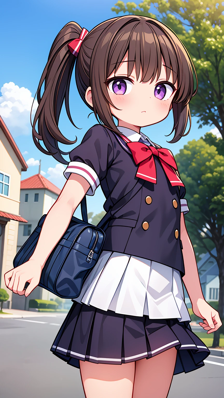 (High quality), (masterpiece), (very detailed), (dynamic lighting), (loli), girl, (very small bust), short brown hair, hairstyle with a side ponytail, purple eyes, shy face, (school loli), showing her thighs, on the school yard, sunny, camera angle from below, adorable eyes, (school uniform), more details