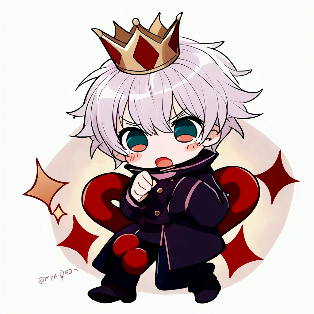 Make Gojo Satoru in a questioning pose, keep his crown. Replace the diamonds in the background with question marks
