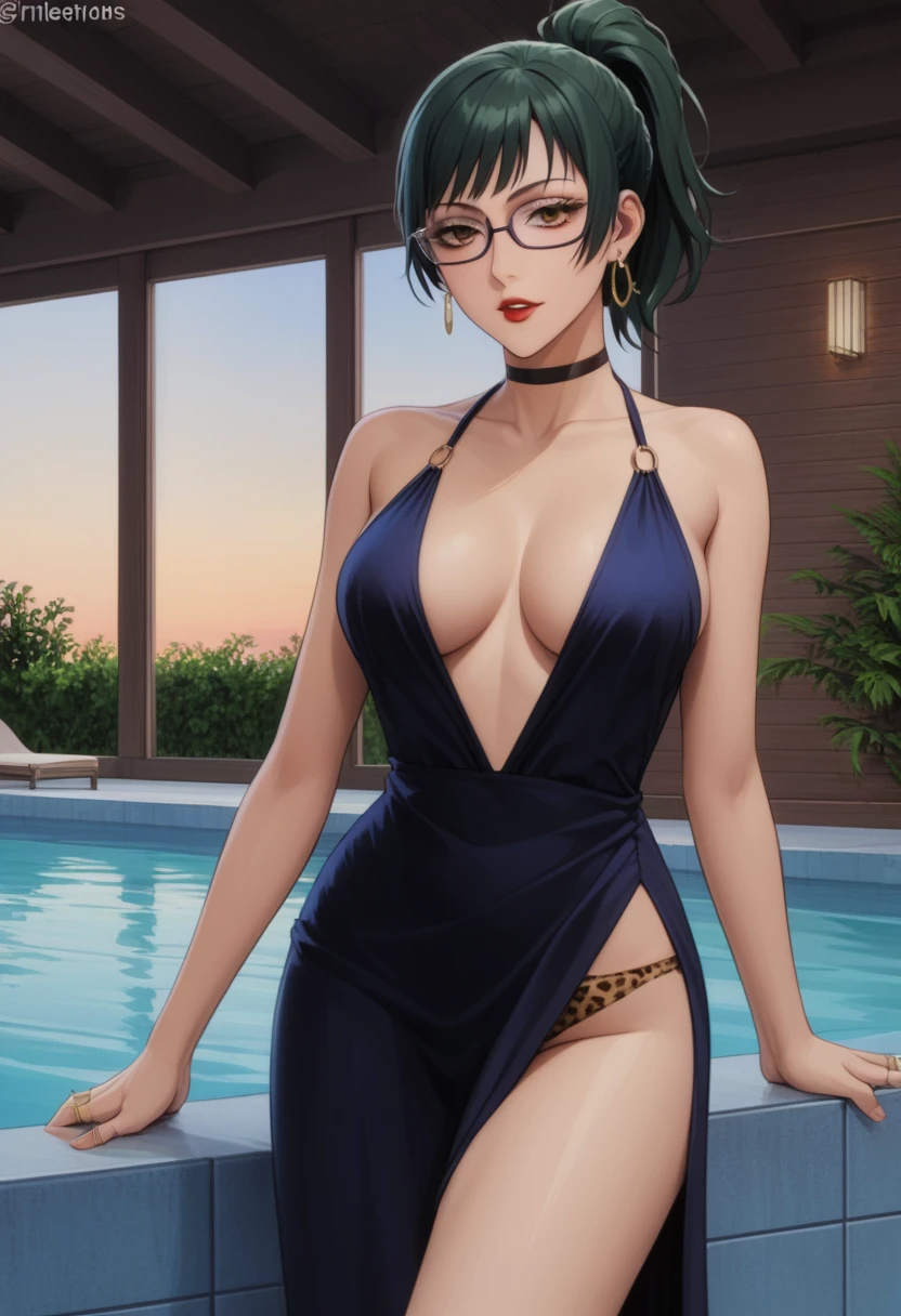 score_9_up, score_8_up, score_7_up, 1girl, solo, mature female, Maki, green ponytail hair, yellow eyes, glasses, red lips, parted lips, fit slim body, perfect medium erected breast,(((highly detailed eyes))), (((dark blue evening dress with plunging neckline, golden earrings, golden rings, black choker with shining rhinestones))), (((white modern villa with panoramic windows, pool, sunset))), outdoors, looking at the viewer, perfect model body, (((pulling up her dress and showing her leopard thong))), (((from behind)))(((ass look)))