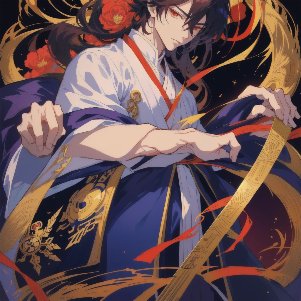 some anime characters are close to each other, handsome guy in demon slayer art, delicate androgynous prince, fire behind him, handsome prince, heise jinyao, the former demon king, cute anime pose, inspired by Okumura Masanobu, with index finger, hijikata toushirou, cute japanese demon boy