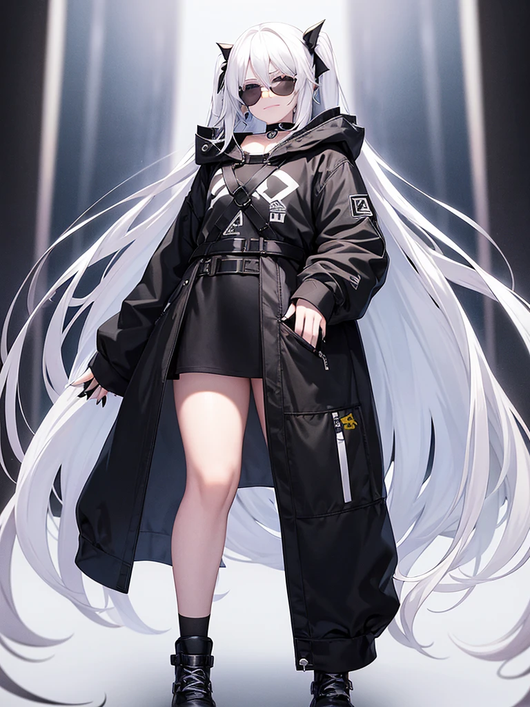white background, 1girl, full body, adult, standing, pale skin, very long white hair, white hair, loose sunglasses, blue eyes, oversized black hoodie, black shoes, black nails, black choker, black thigh belt, silver earrings, smirk.