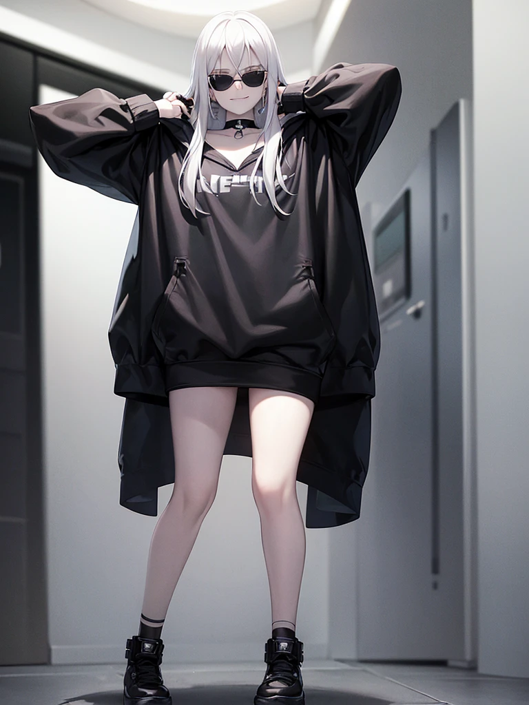 white background, 1girl, full body, adult, standing, pale skin, very long white hair, white hair, loose sunglasses, blue eyes, oversized black hoodie, black shoes, black nails, black choker, black thigh belt, silver earrings, smirk.