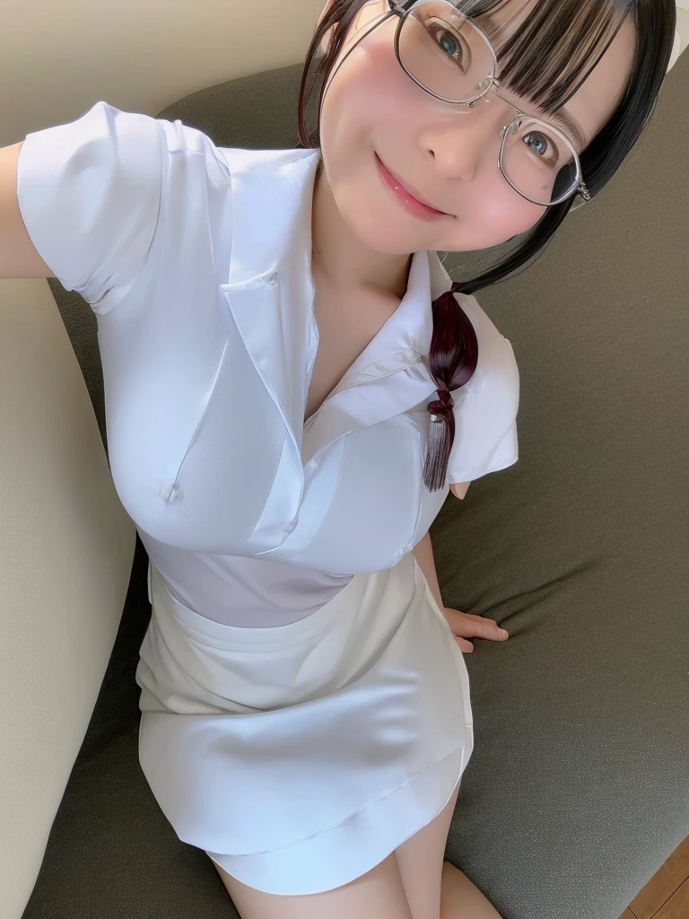Highest quality、masterpiece、8K、Very detailed、Realistic、One person、Looking at me with a smile、whole body、Big Breasts、Erect nipples、Thin and beautiful legs、Tight and slim waist、A tight-fitting, sleeveless waitress uniform with buttons and a collar、Braid、Glasses