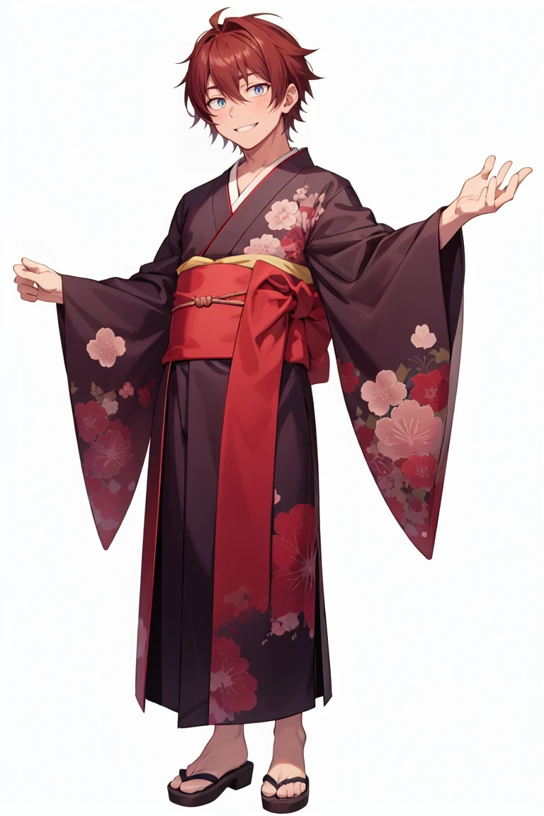 High quality, one man, kimono, very short hair, reddish brown hair, unkempt hair, big smile, white background, full body, beautiful eyes, masterpiece