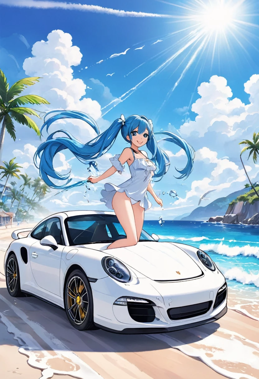 Driving a white Porsche along the beach、Blue long hair、Beautiful girl with twin tails、Splash art of water flying up、blue sky、White cloud、Bright smile、Seaside scenery