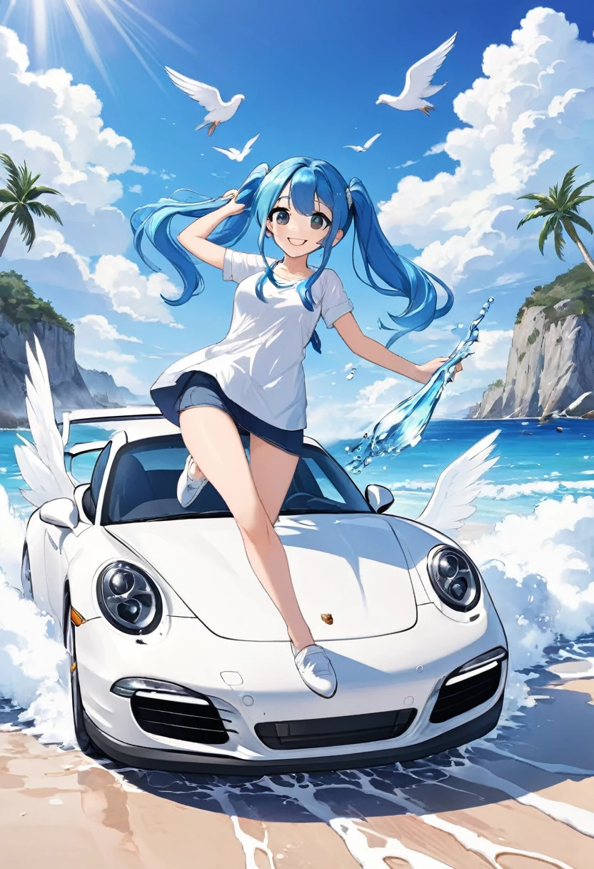 Driving a white Porsche along the beach、Blue long hair、Beautiful girl with twin tails、Splash art of water flying up、blue sky、White cloud、Bright smile、Seaside scenery