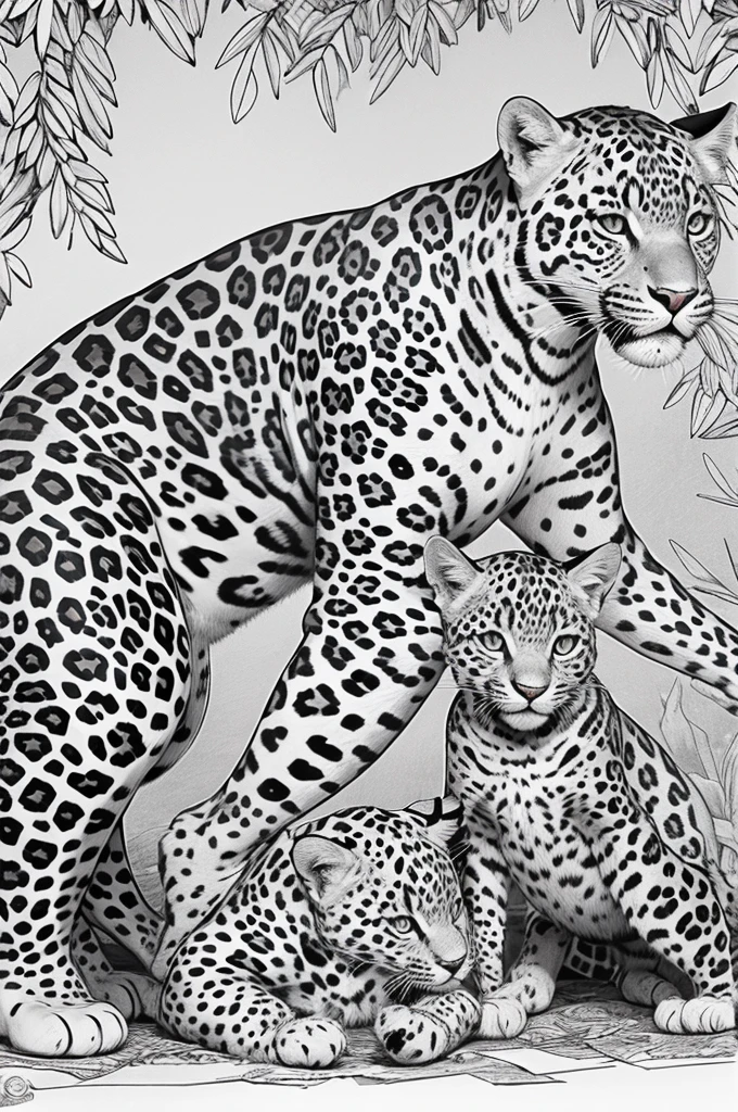 Coloring page of a jaguar and his family