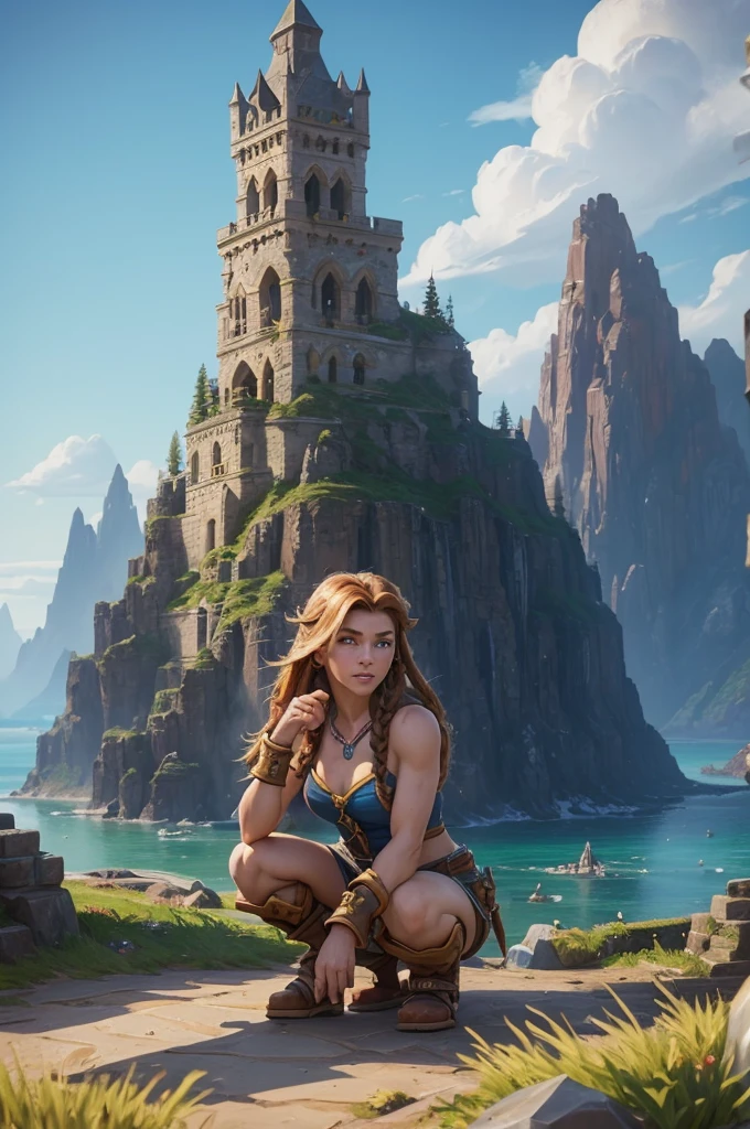 ```Hearthstone Art style```, A girl, Bullish, white, russet hair, Braided hair, hair stuck, stark, Defined physique, freckles on the face, crouched, looking down, fixing hair with hands. athletic physique. scenery of a vast field, with a shallow and crystal clear lake, with a gigantic stone tower as a prominent base. simple scenario, gestural pose, dynamic angles, 90s, (((Hearthstone Art style))), brushstroke painting style.