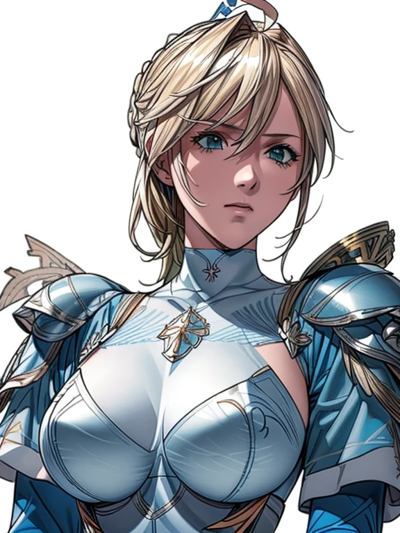 (masterpiece:1.2), (disorganized), (detailed face),(fine eyes), (highest quality) (traditional media:1.2) , (white background), Upper body, (No expression), Artoria_pendragon_(destiny), to know, armor, blonde hair, gauntlet, green eyes, hair ribbon, armored dress, Ahoge, blue clothes,