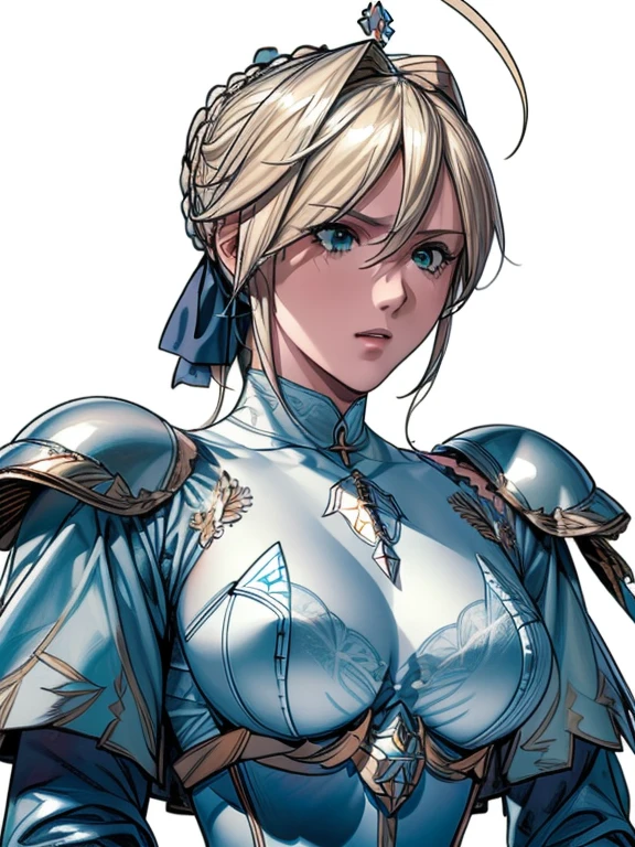 (masterpiece:1.2), (disorganized), (detailed face),(fine eyes), (highest quality) (traditional media:1.2) , (white background), Upper body, (No expression), Artoria_pendragon_(destiny), to know, armor, blonde hair, gauntlet, green eyes, hair ribbon, armored dress, Ahoge, blue clothes,