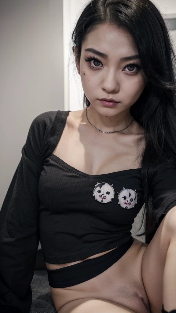 a close up of a woman with a piercing on her nose, a picture inspired by Junji Ito, tumblr, realism, cruel korean goth girl, ahegao face, with black sclera eyes, with long hair and piercing eyes, scary look, huge anime eyes, 1 7 - year - old anime goth girl, kawaii realistic portrait, creepy kawaii araffed woman in a gray shirt and black shorts posing for a picture, with ripped crop t - shirt, wearing a cute top, casual clothes, open v chest clothes, wearing v - neck top, top half of body, casual clothing, gray shirt, with black, cute top, dark grey, wearing tight simple clothes, wearing casual clothes
