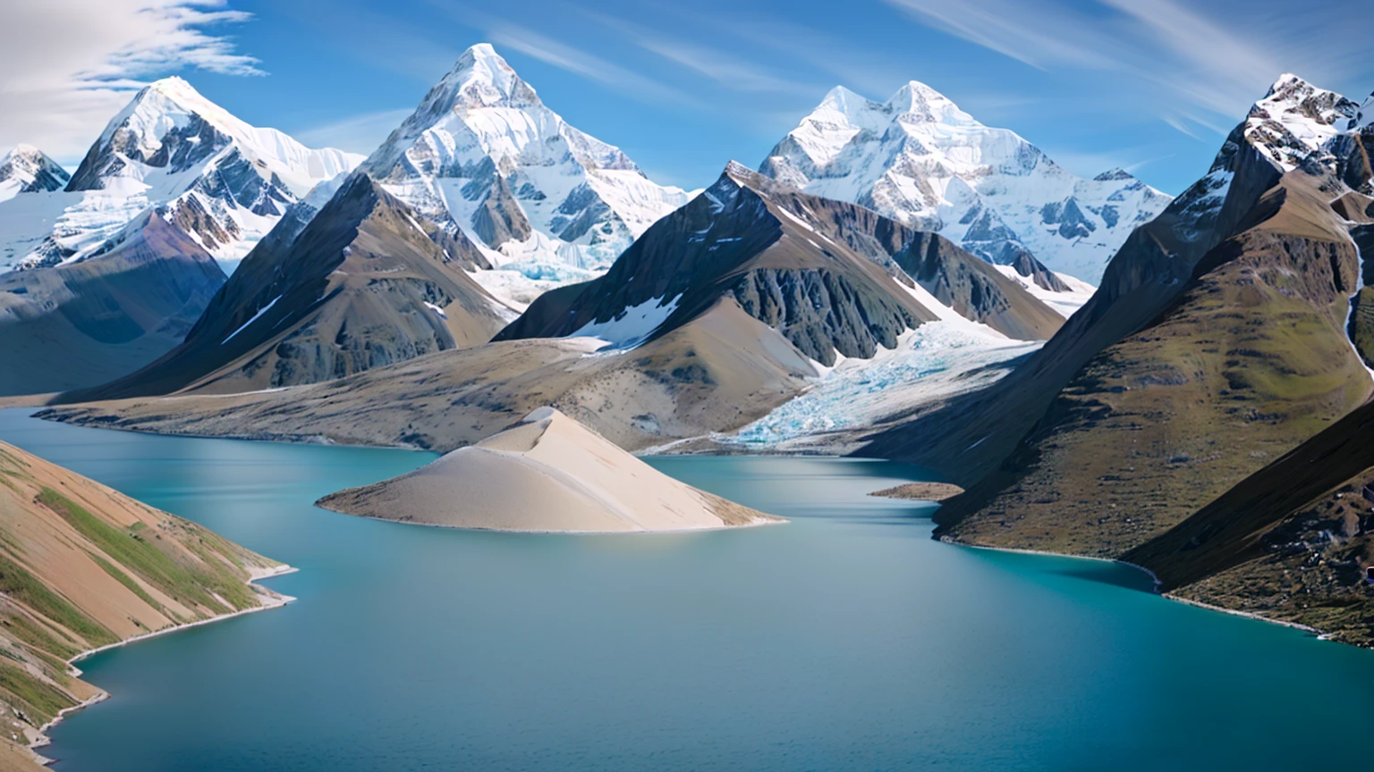 real, FULL realISTA, HYPERreal, maximum quality, PROFESSIONAL QUALITY PHOTOGRAPHY, professional camera, Masterpiece. Arafed view of a large lake surrounded by mountains., Andes, mountains and lakes, Chile, Impressive scenography, a lake between mountains, Breathtaking scenery, fantastically beautiful, incredibly pretty, beautiful lake, very very beautiful landscape, turquoise water, mountains by the lake, very beautiful landscape, very very very beautiful landscape, spectacular mountains, Quechua!!, stunning himalayan landscape