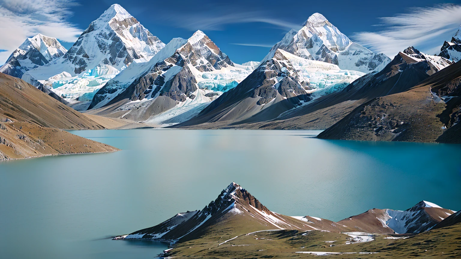 real, FULL realISTA, HYPERreal, maximum quality, PROFESSIONAL QUALITY PHOTOGRAPHY, professional camera, Masterpiece. Arafed view of a large lake surrounded by mountains., Andes, mountains and lakes, Chile, Impressive scenography, a lake between mountains, Breathtaking scenery, fantastically beautiful, incredibly pretty, beautiful lake, very very beautiful landscape, turquoise water, mountains by the lake, very beautiful landscape, very very very beautiful landscape, spectacular mountains, Quechua!!, stunning himalayan landscape