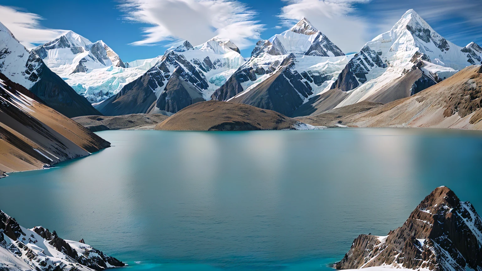 real, FULL realISTA, HYPERreal, maximum quality, PROFESSIONAL QUALITY PHOTOGRAPHY, professional camera, Masterpiece. Arafed view of a large lake surrounded by mountains., Andes, mountains and lakes, Chile, Impressive scenography, a lake between mountains, Breathtaking scenery, fantastically beautiful, incredibly pretty, beautiful lake, very very beautiful landscape, turquoise water, mountains by the lake, very beautiful landscape, very very very beautiful landscape, spectacular mountains, Quechua!!, stunning himalayan landscape