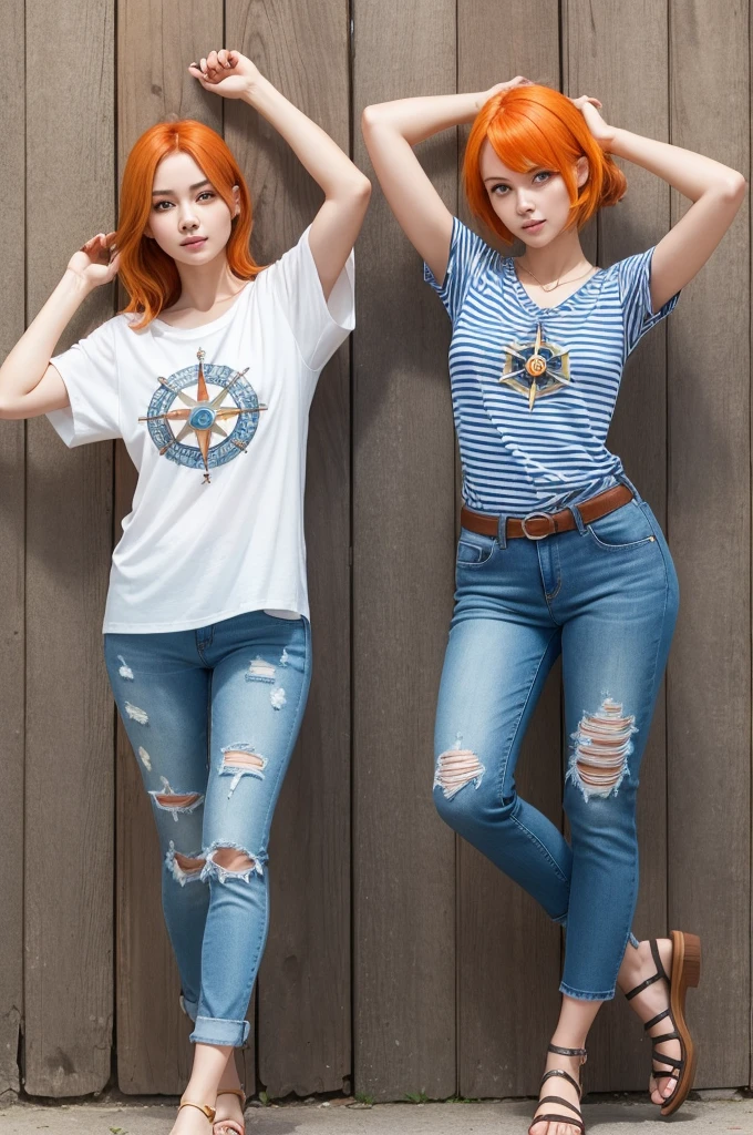 Let&#39;s create an image inspired by the character Nami from One Piece. As we can&#39;t use her exact image due to copyright issues, I will describe a similar character:

A young woman with orange hair, brown eyes and a confident expression. She is wearing a white and blue striped t-shirt, with jeans and sandals. On your arm, there is a log pose (a type of compass). She&#39;s in a beach setting, with the sea in the background and some palm trees around.

Very mercenary looking  