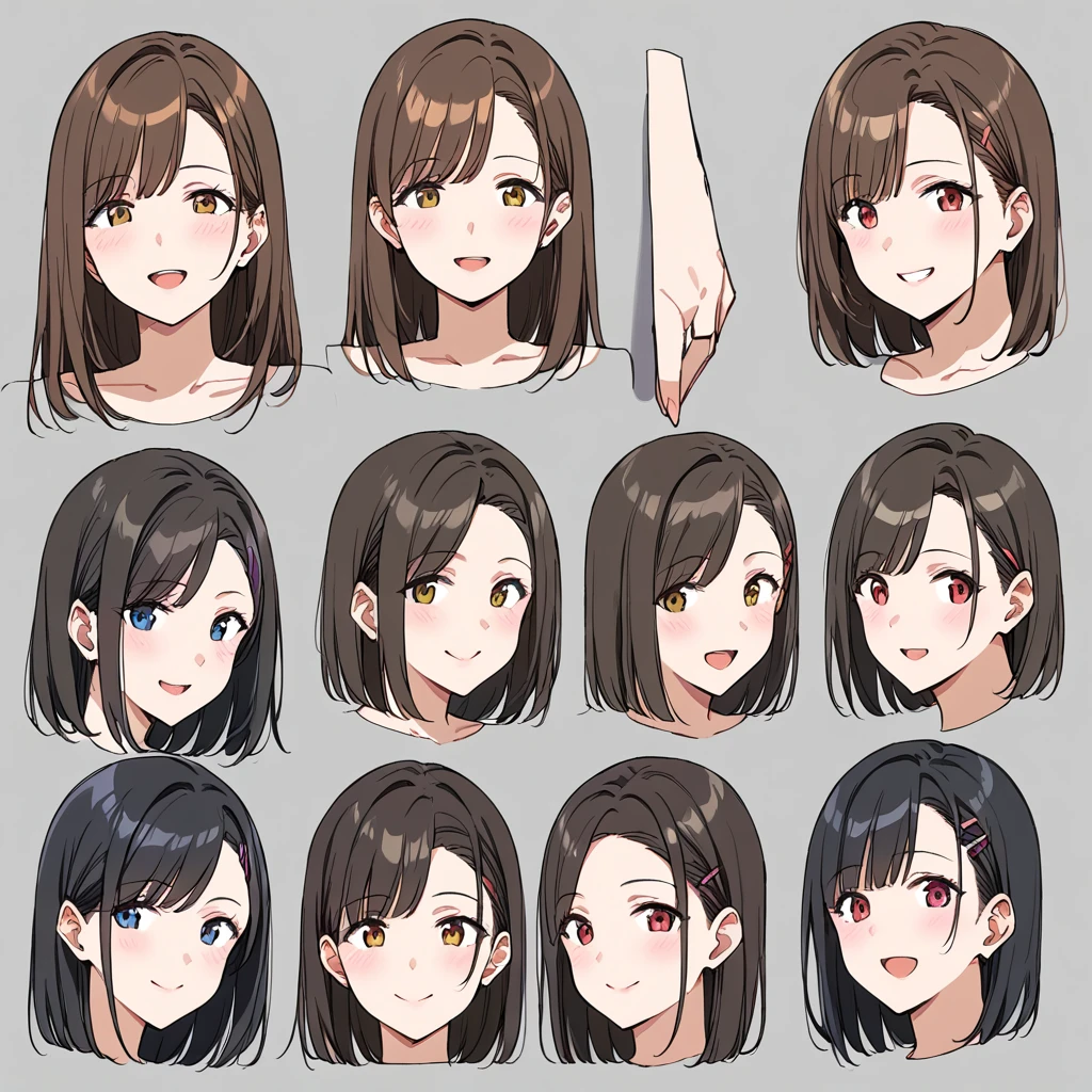 masterpiece, best quality, simple background, random hairstyle, large breasts, 9 girls, character sheet, close-up, milf,