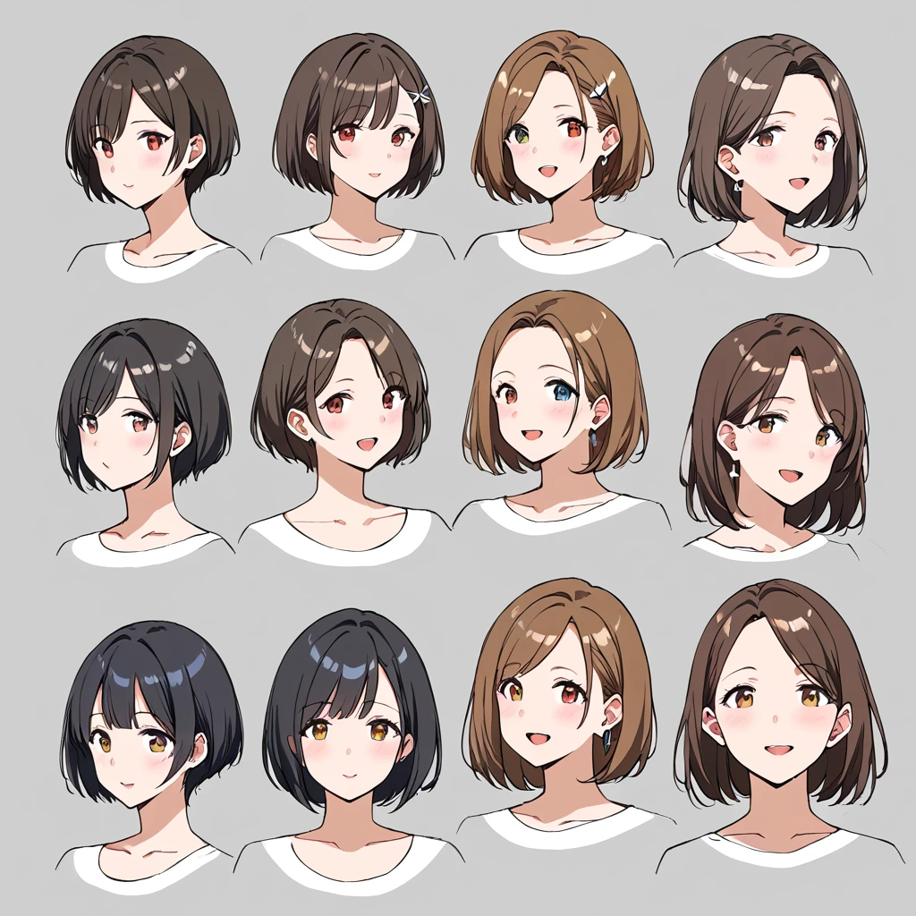 masterpiece, best quality, simple background, random hairstyle, large breasts, 9 girls, character sheet, close-up, milf,