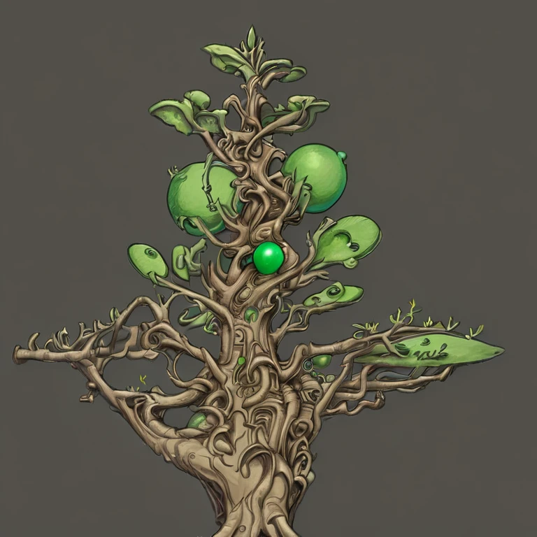 there is a drawing of a tree with a green ball on it, ent treant dryad, game asset of plant and tree, treant, finished concept art, painted as a game concept art, fantasy tree, tree druid, stylized vegetation, stylized concept art, fantasy magical vegetation, torchlight. sketch art. roots, alien plant, weird alien trees