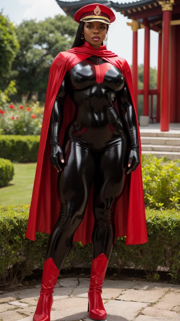 Light skinned black woman, big muscles, wearing red and black catsuit, police cap and red cape, (((full body shots)))