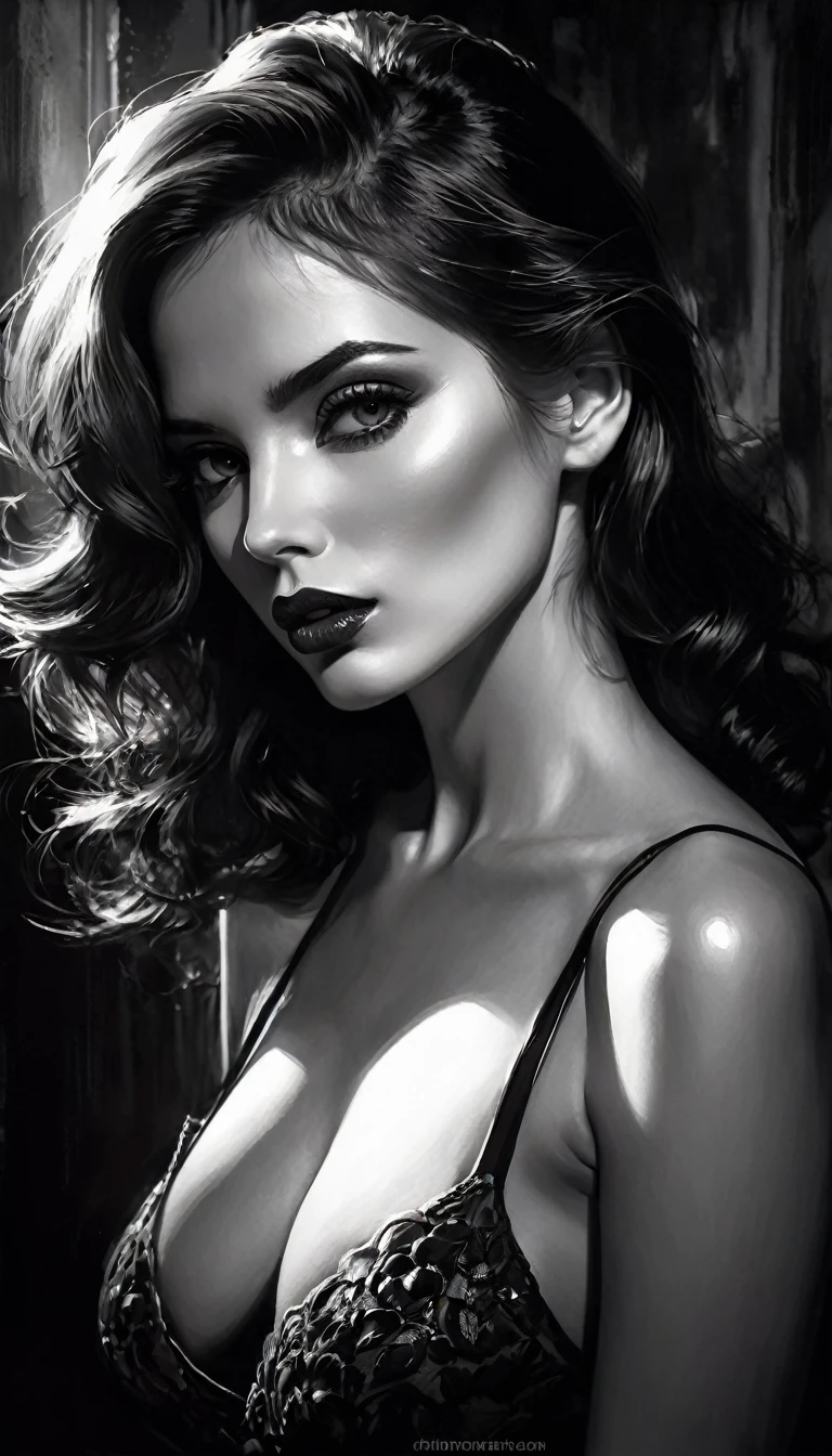 a seductive woman, dark shadows, black and white oil painting, dramatic lighting, sensual, cinematic, chiaroscuro, dramatic contrast, strong shadows, high contrast, moody atmosphere, moody lighting, mysterious, alluring, captivating, beautifully detailed face, detailed eyes, detailed lips, graceful pose, elegant, sophisticated, evocative, atmospheric, cinematic composition, inspired by Bill Sienkiewicz, masterpiece, best quality, 8k, photorealistic