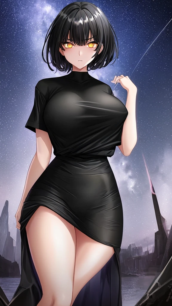 1girl,black hair,golden eyes,glowing eyes,Valiant face,sharp eyes,shirt hair,big ,tight shirt,black shirt,stars,sky background,night sky,golden eyes,short hair,black hair,tight shirt,sexy nippls,HD quality,ultra high quality,thick thighs,svelte waist,sexy waist