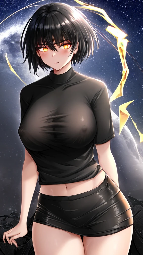 1girl,black hair,golden eyes,glowing eyes,Valiant face,sharp eyes,shirt hair,big ,tight shirt,black shirt,stars,sky background,night sky,golden eyes,short hair,black hair,tight shirt,sexy nippls,HD quality,ultra high quality,thick thighs,svelte waist,sexy waist