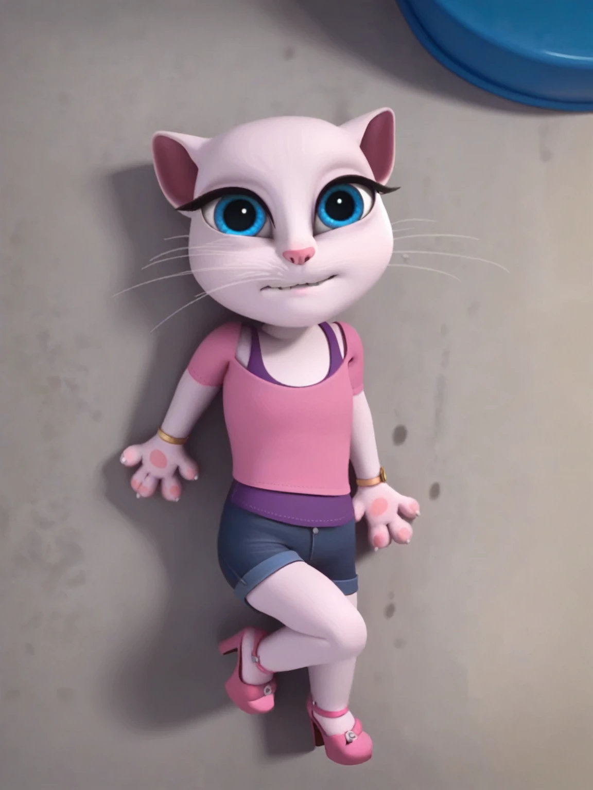 solo focus, a_la, 1girl, cat, white fur, long whiskers on both sides of the face, big bright blue eyes, big black eyelashes, small pink nose, triangular ears with pink channels, small breasts, lying on the ground looking at the viewer, legs crossed and raping in between, platform high heels, score_9, score_8_up, score_7_up