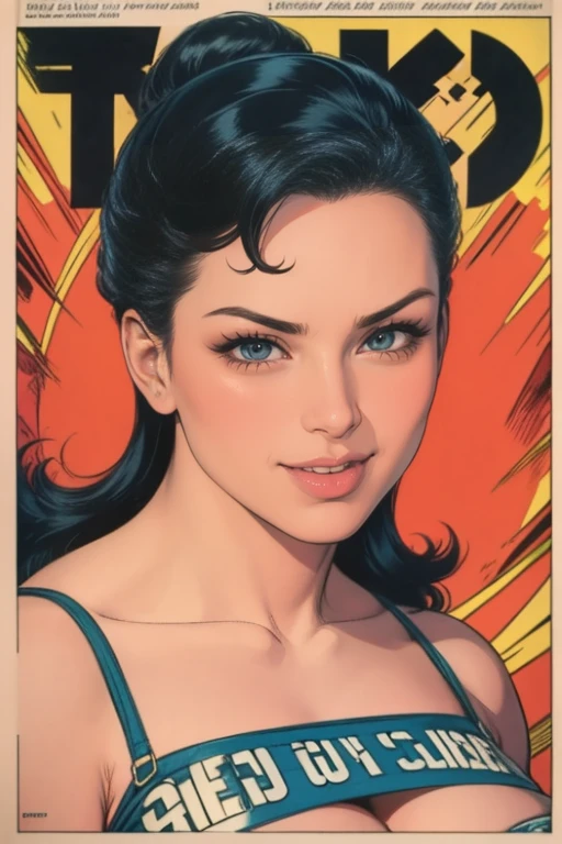 Vintage 1960's retro art printing, Poster of a sexy, Glamorous pin-up girl, small breast, perfect face, symmetrical face, French face, sensual face, mischievous smile,pizza,1960's pin-up style,