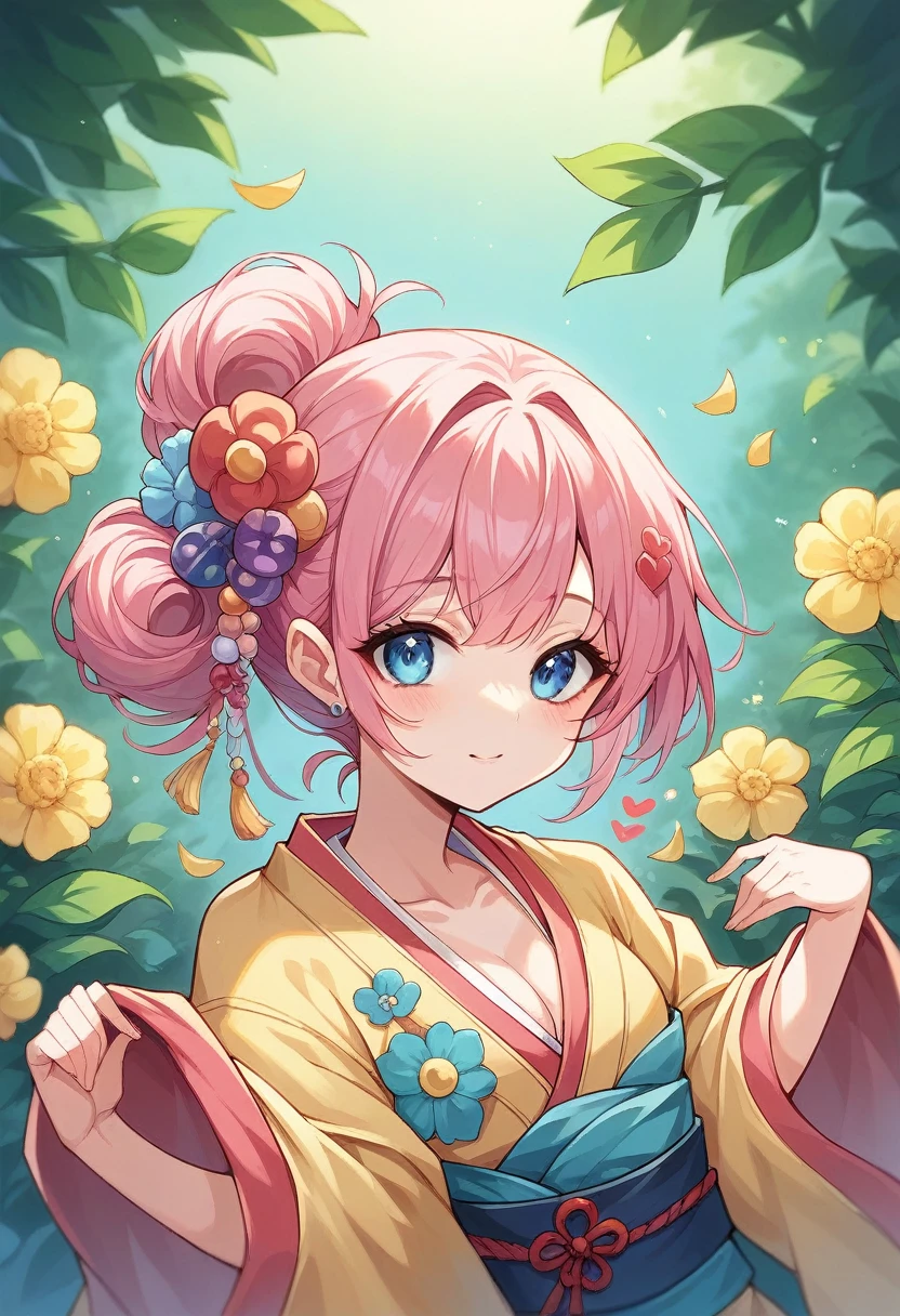 Design an image of an anime-style character with striking pink hair and large blue eyes, looking straight ahead. She wears a kimono with detailed floral embroidery and a heart-shaped ornament at the chest. She holds a large heart with both hands. Her hair is accessorized with elaborate, colorful ornaments and beads. The background should feature a lush array of flowers, creating a warm, cute, and lively atmosphere. The image should have a high level of detail and vibrant colors, emphasizing the character’s charm and the traditional Japanese elements.