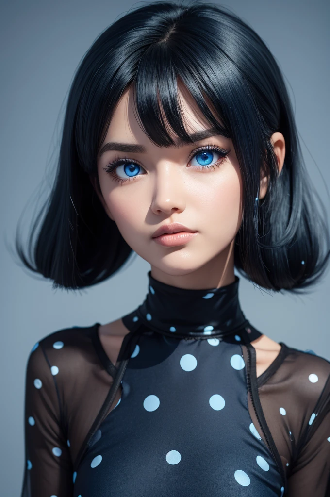 A woman style 3D Pixar animation, With dark blue skin,clear blue eyes,Black waist-length hair,with a black mini eyeliner,a small nose and a black dress with blue polka dots