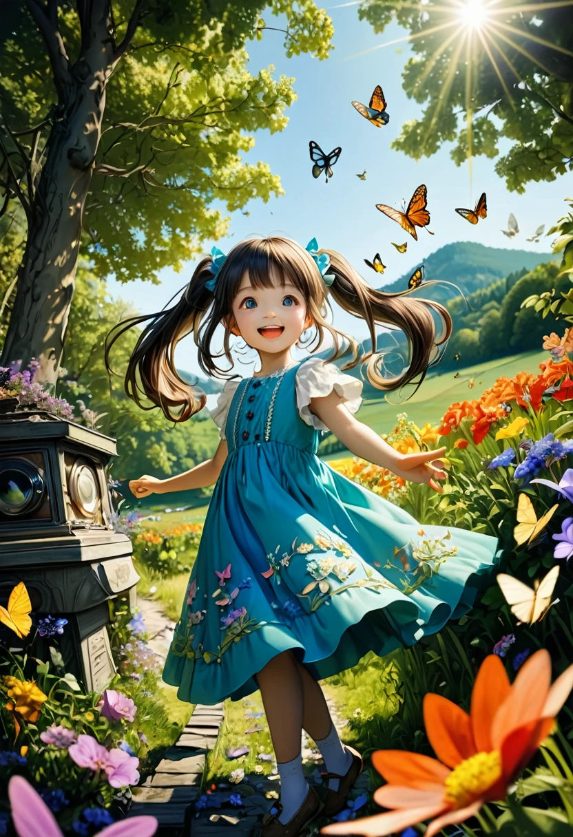 (girl, Twin Tails), A girl in the sunshine, wearing a dress and a pair of ponytails, is happily chasing flying butterflies in the bright sunshine. Her smiling face is filled with happiness, and the camera is taken of her whole body. The background is a fresh natural scenery, full body, (Photography, Raw photo), panoramic view, award-winning, cinematic still, emotional, vignette, dynamic, vivid, (masterpiece, best quality, Professional, perfect composition, very aesthetic, absurdres, ultra-detailed, intricate details:1.3)