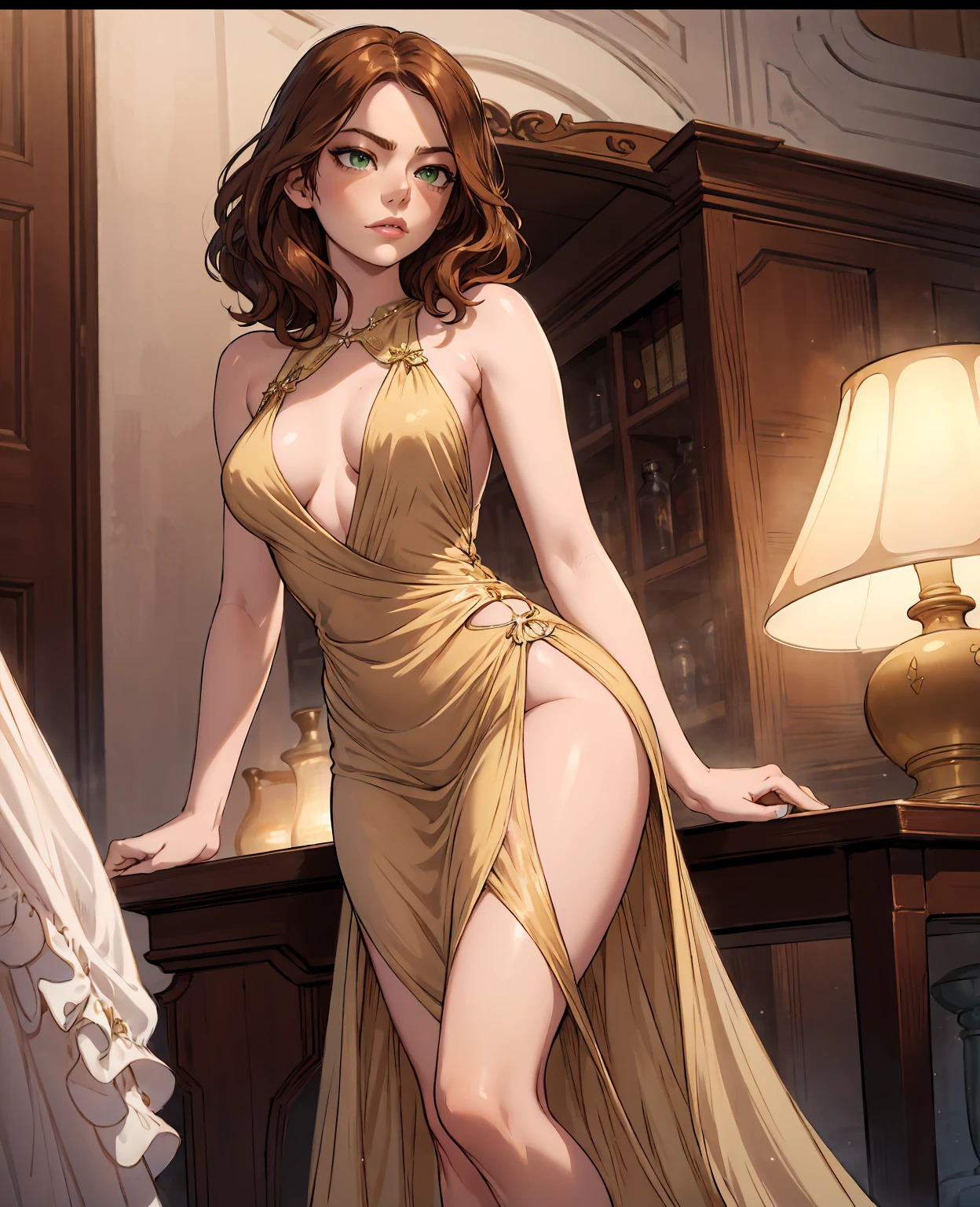 a beautiful woman, Emma stone, detailed portrait, elegant, sensual, seductive look, long wavy brown hair, green eyes, full lips, delicate features, tight-fitting dress, slim figure, confident pose, ambient lighting, warm tones, photorealistic, cinematic, art style, high quality