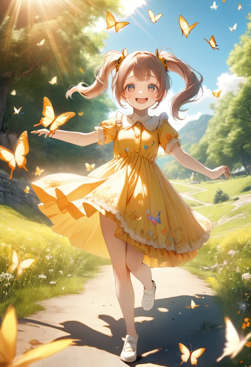 (girl, Twin Tails), A girl in the sunshine, wearing a dress and a pair of ponytails, is happily chasing flying butterflies in the bright sunshine. Her smiling face is filled with happiness, and the camera is taken of her whole body. The background is a fresh natural scenery, full body, (Photography, Raw photo), panoramic view, award-winning, cinematic still, emotional, vignette, dynamic, vivid, (masterpiece, best quality, Professional, perfect composition, very aesthetic, absurdres, ultra-detailed, intricate details:1.3)
