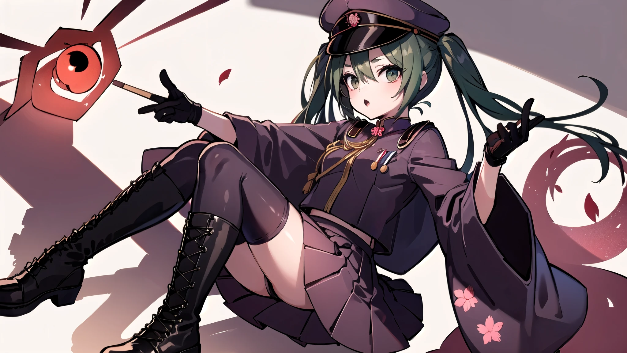 1girl,solo,senbon-zakura_(vocaloid),senbonzakuramiku, green hair, twintails, peaked cap, green eyes,military uniform, red jacket, medal, long sleeves, wide sleeves, black gloves, half gloves, red skirt, red thighhighs, Cherry Blossoms,old town of japan\((shadow puppet:1.5)\),dynamic angle,dynamic pose,Portrait