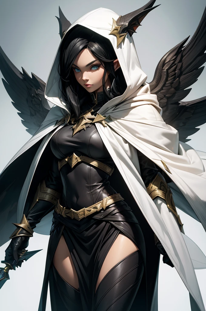 female elf rogue, Black hair, pointed ears, white skin, hooded cape, topaz eyes, leather robes, full body art.