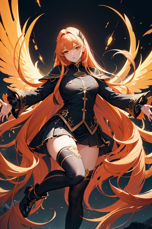 (ultra realistic,32k, work of art:1.2),(highly detailed skin:1.1),( high qualiy:1.1),
Dark Bloom,full-face blush, hair orange, pretty long hair, yellow eyes, booties, Black Skirt, mitts, black jersey, wings, Glossy clothing, thicc thighs, stormcaller's perch, thunderous sky, lightning strikes, storm conjurers perch, nblurry background,, (Huge breasted,large breasted:1.1),(gazing at viewer, portraite:1.1),(volumetric lighting:1.1),