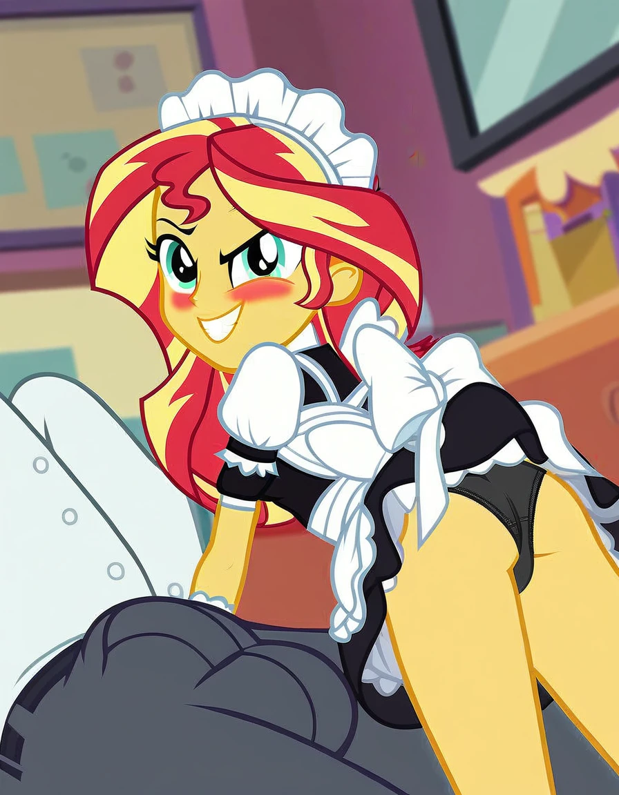 upskirt, duo focus, equestria girls, blushing, sunset shimmer, bra, underwear, grin, evil smile, erection, smiling, butt, clothes, maid, black panties, underwear, sunbutt, show accurate, vector, male pov, tenting, crotch big bulge, big erection in pants, offscreen male character