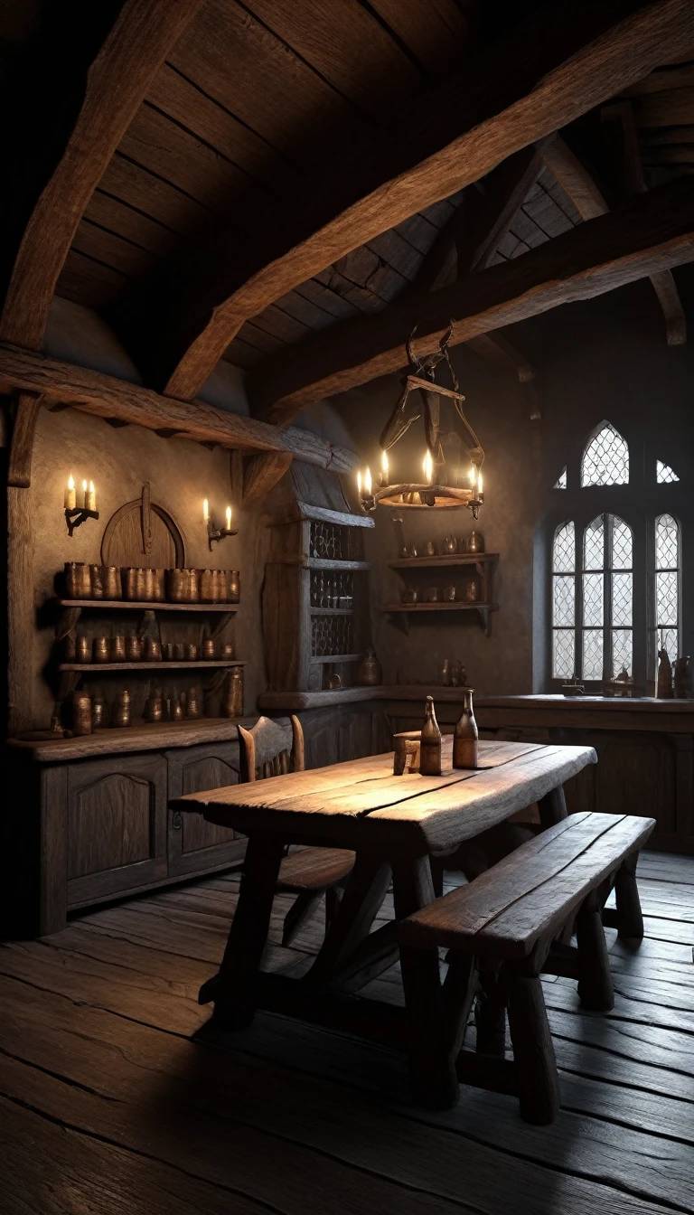 a middle ages tavern, wooden tables, cups and bottles on the table, melancholic lighting, (best quality,4k,8k,highres,masterpiece:1.2),ultra-detailed,(realistic,photorealistic,photo-realistic:1.37),medieval,chiaroscuro,moody, atmospheric,cinematic,dark fantasy,detailed environment,intricate details, (faint almost dark ambient:1.37)