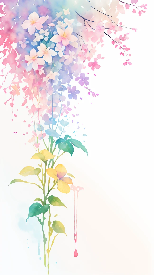 watercolor paiting,It features a simple,Lots of white space,Background Material,Watercolor texture,Rainbow Gradient flower blush red and blue and green and yellow and purple Colorful anyway gradient hydrangea white background, (best quality), masterpiece, extremely detailed 