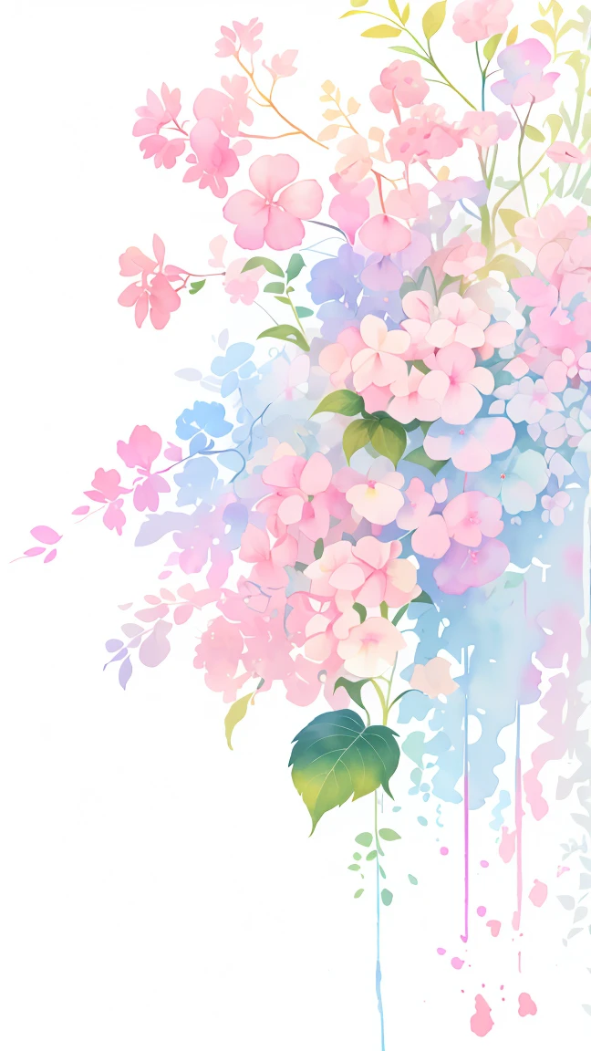watercolor paiting,It features a simple,Lots of white space,Background Material,Watercolor texture,Rainbow Gradient flower blush red and blue and green and yellow and purple Colorful anyway gradient hydrangea white background, (best quality), masterpiece, extremely detailed