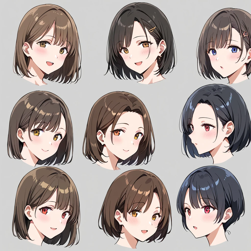 masterpiece, best quality, simple background, random hairstyle, large breasts, 9 girls, character sheet, close-up, milf,