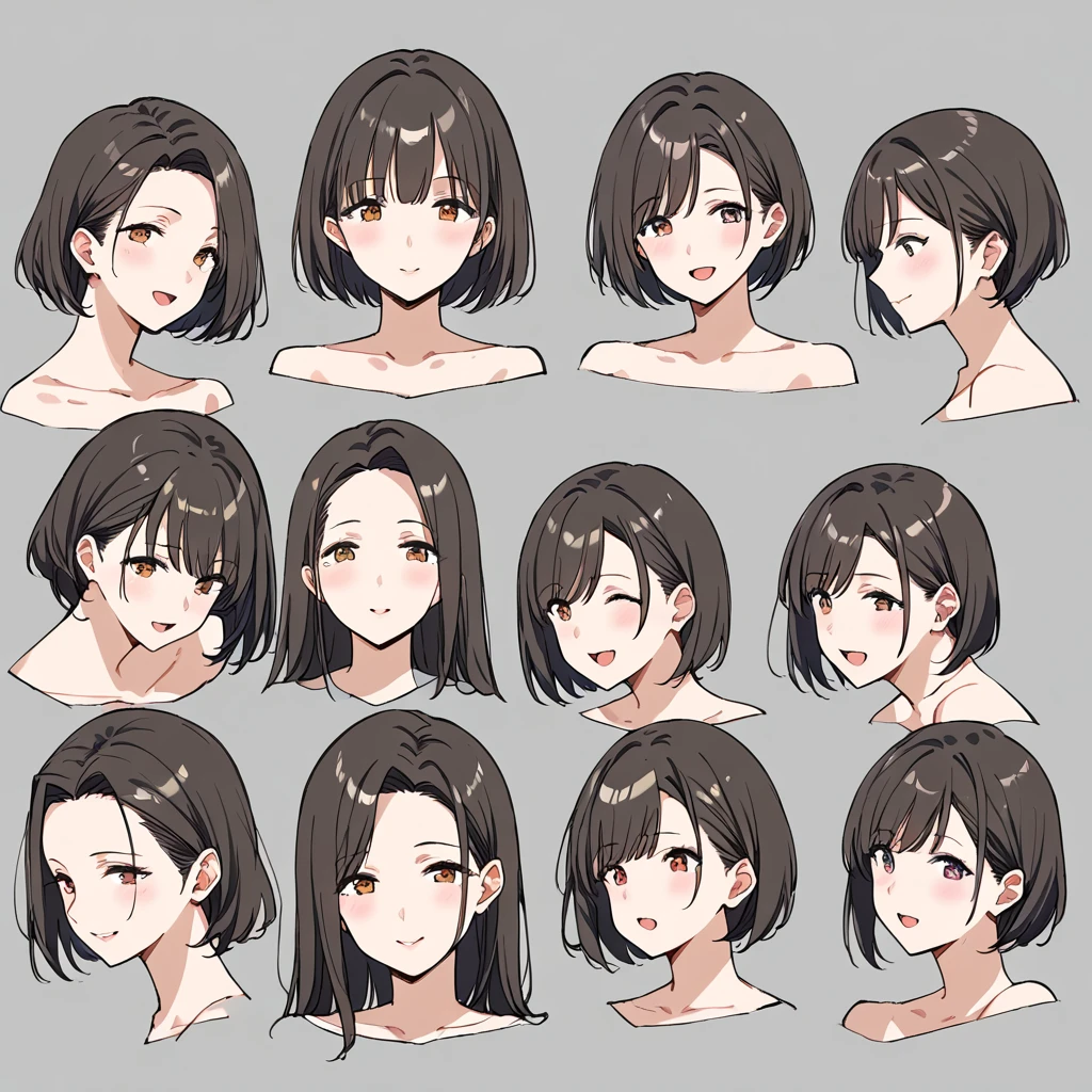 masterpiece, best quality, simple background, random hairstyle, large breasts,  9 girls,  character sheet, close-up, milf,