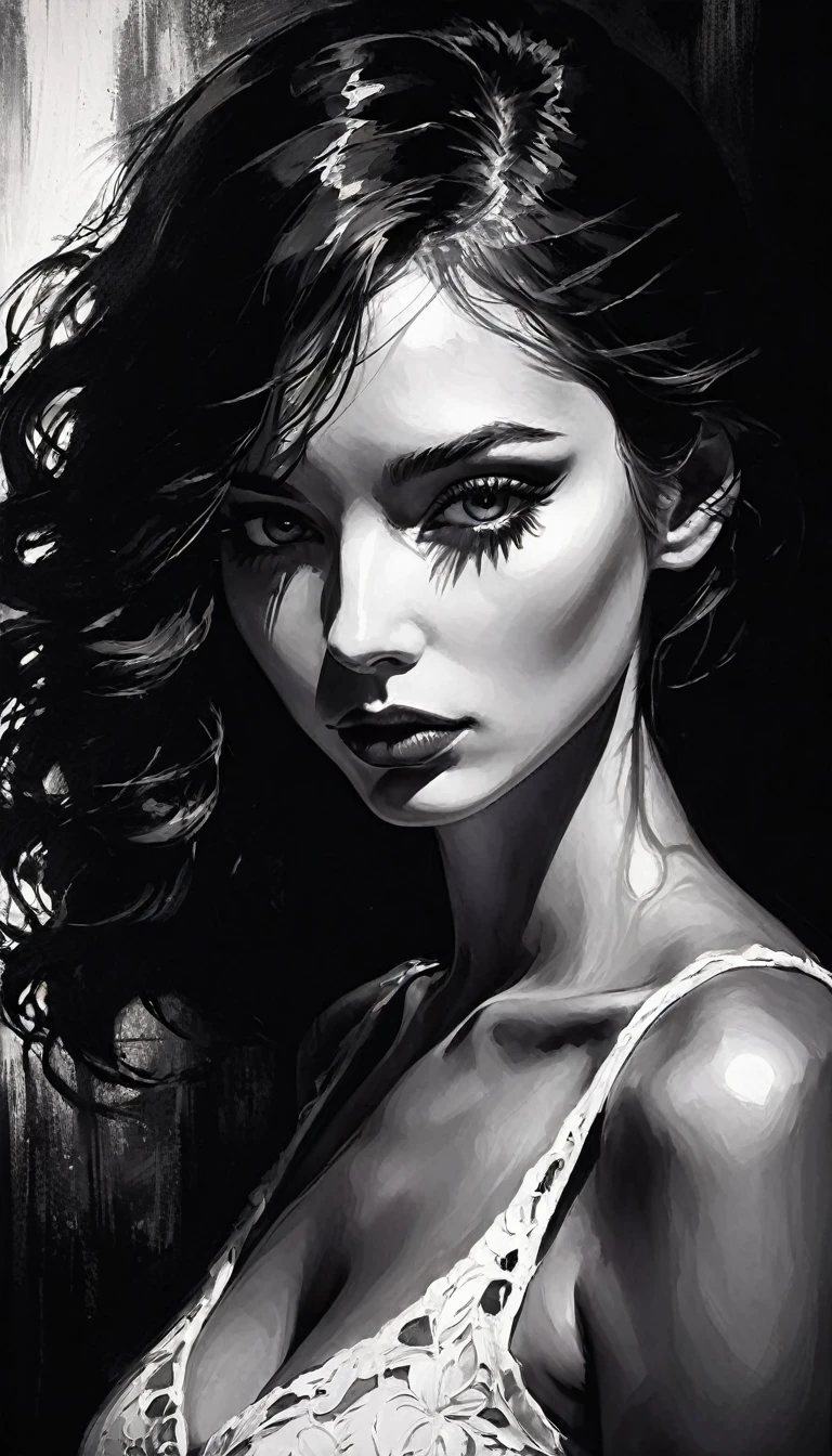 sensual,erotic,chiaroscuro,dramatic lighting,shadows and light,tenebrism,moody,black and white,high contrast,painterly,oil painting,dramatic composition,Bill Sienkiewicz inspired,woman in shadows,mysterious,alluring,elegant,graceful,detailed face,beautiful eyes,long eyelashes,full lips,detailed portrait,realistic,photorealistic,masterpiece,high quality,8k,ultra-detailed
