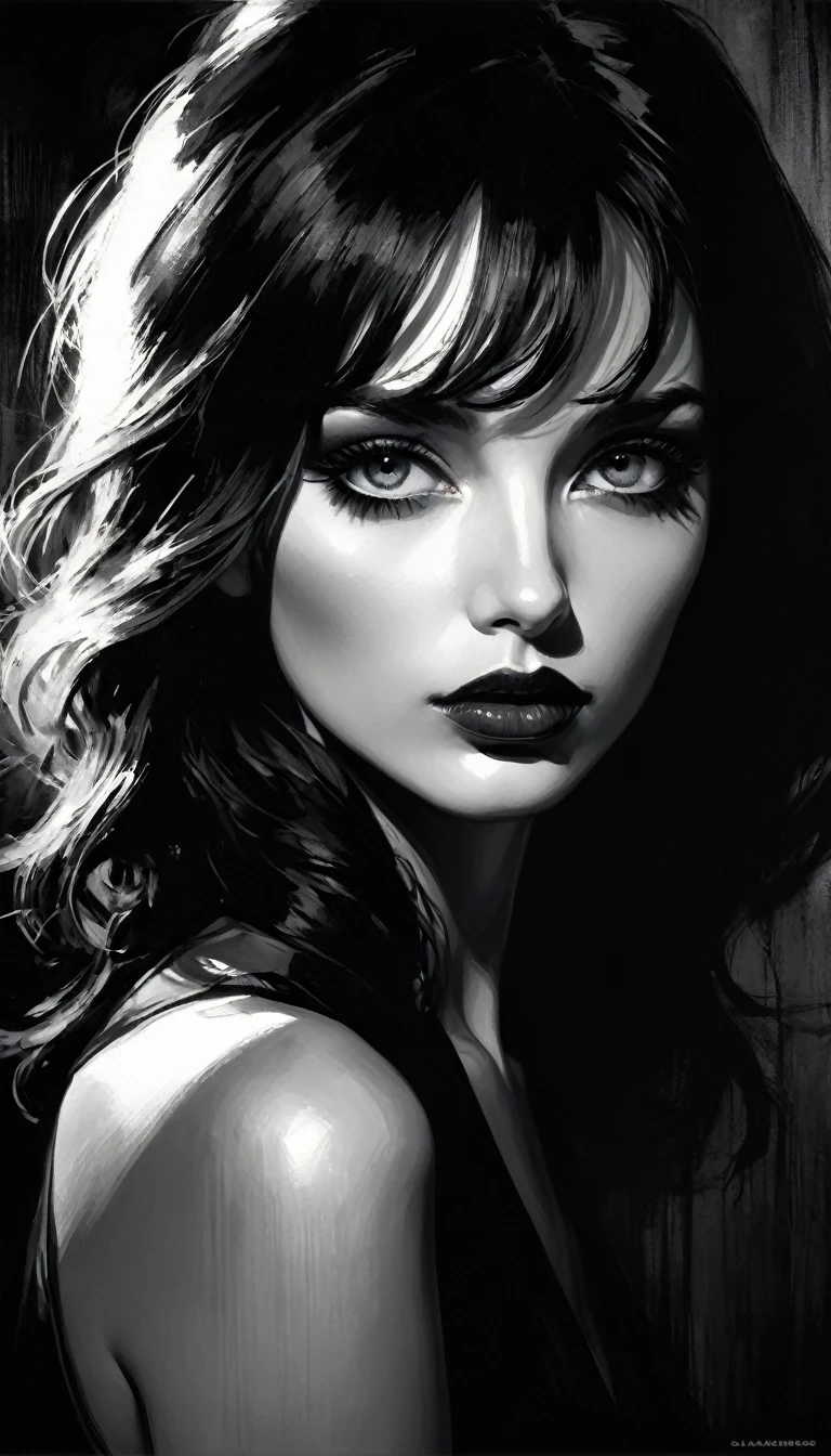 sensual,erotic,chiaroscuro,dramatic lighting,shadows and light,tenebrism,moody,black and white,high contrast,painterly,oil painting,dramatic composition,Bill Sienkiewicz inspired,woman in shadows,mysterious,alluring,elegant,graceful,detailed face,beautiful eyes,long eyelashes,full lips,detailed portrait,realistic,photorealistic,masterpiece,high quality,8k,ultra-detailed