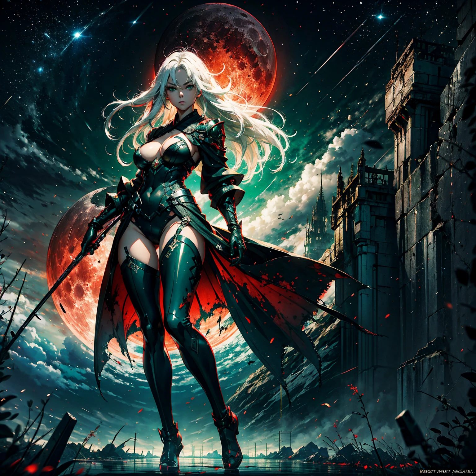1girl!!! (solo), straight hair, long hair, light white hair, big breasts, small size, green eyes, very fair skin, serious face, sexy black tight kimono armor, deep neckline, full body, flying, night, blood moon, dark cave, very sexy body, detailed face, highly detailed, 8k, best quality, masterpiece, vibrant colors, digital art, concept art