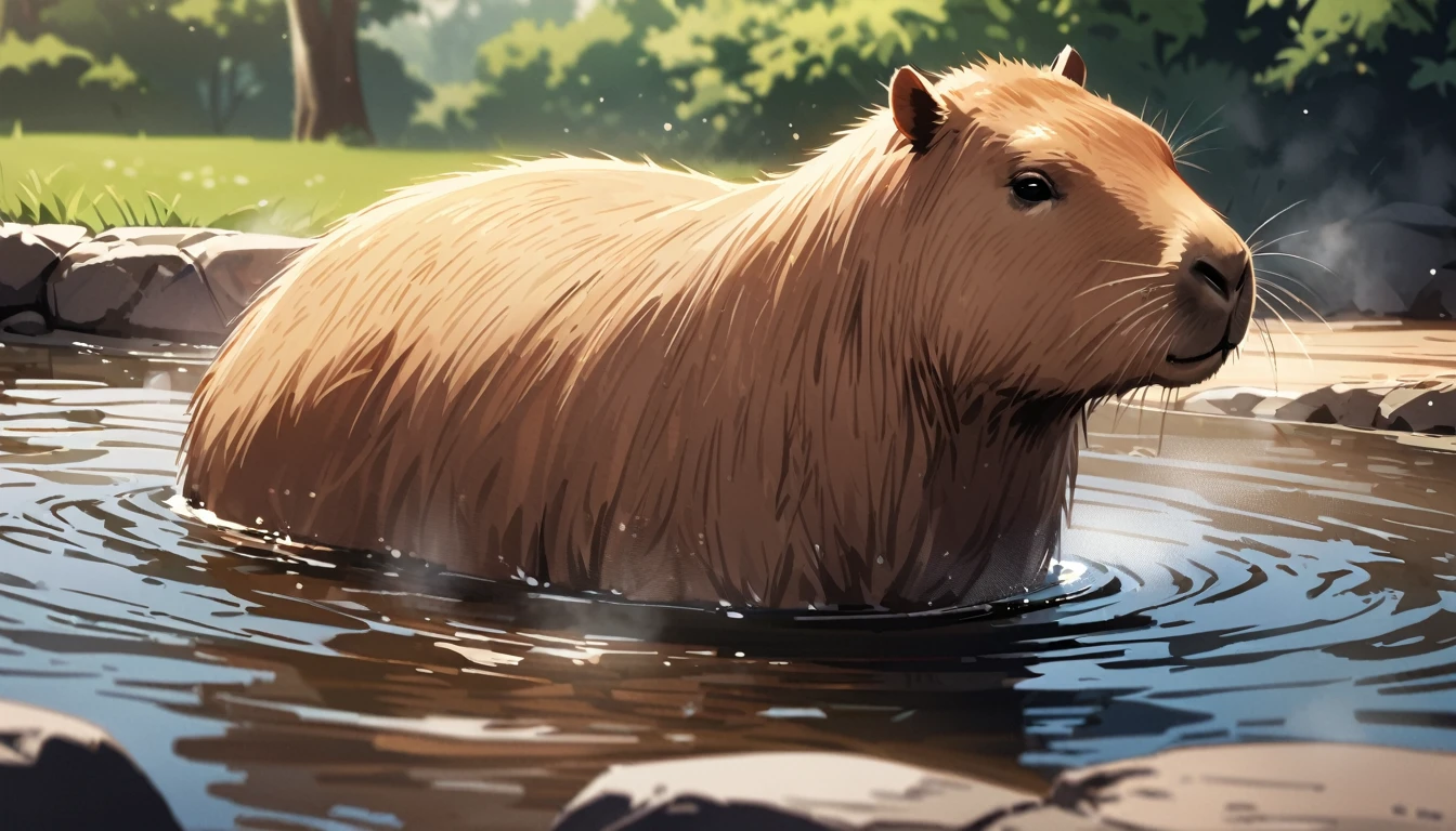 solo, , no humans, , animal,capybara,animal focus, masterpiece, top quality,cute,detailed description,natural scenery,Soak in a hot spring