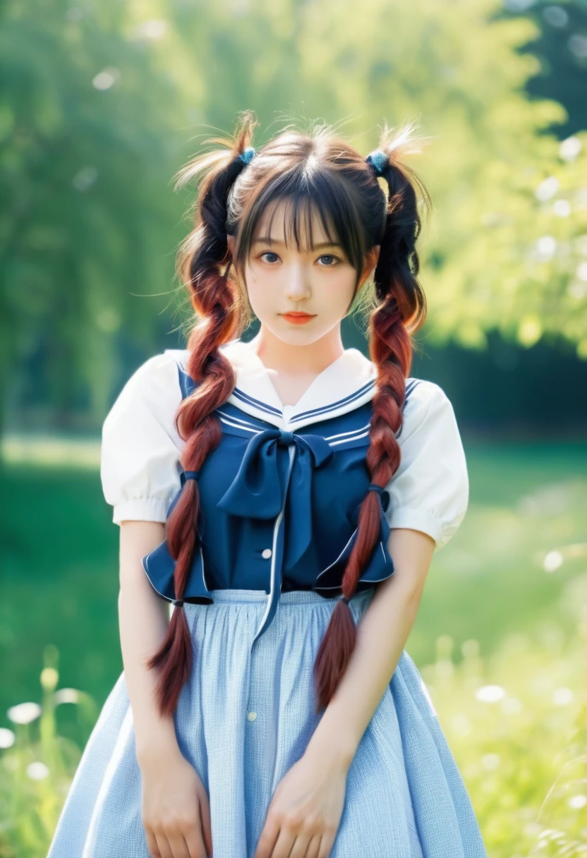 (girl, Twin Tails), A girl in the sunshine, wearing a dress and a pair of ponytails, is happily chasing flying butterflies in the bright sunshine. Her smiling face is filled with happiness, and the camera is taken of her whole body. The background is a fresh natural scenery, full body, (Photography, Raw photo), panoramic view, award-winning, cinematic still, emotional, vignette, dynamic, vivid, (masterpiece, best quality, Professional, perfect composition, very aesthetic, absurdres, ultra-detailed, intricate details:1.3)