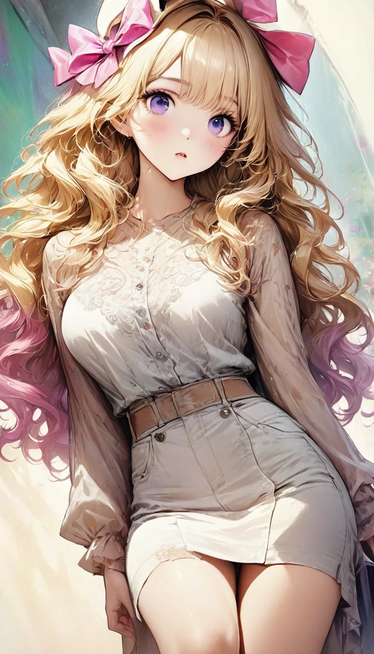 Ultra-realistic CG K ,((premium、8k、32k、Masterpiece、NFFSW:1.3)), (superfine illustration)、(super high resolution), (((adult body))), (Masterpiece, Best Quality:1.2),a beautiful girl，Skin details processing...，The eyes are finely described...，delicate hair，long wavy hair，long light hair，She has a big bow on her head..，modern clothing ,pink violet, yellow and green，clean background